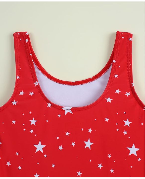 Babyhug Sleeveless Frock Swimsuit with Cap & Star Print - Red