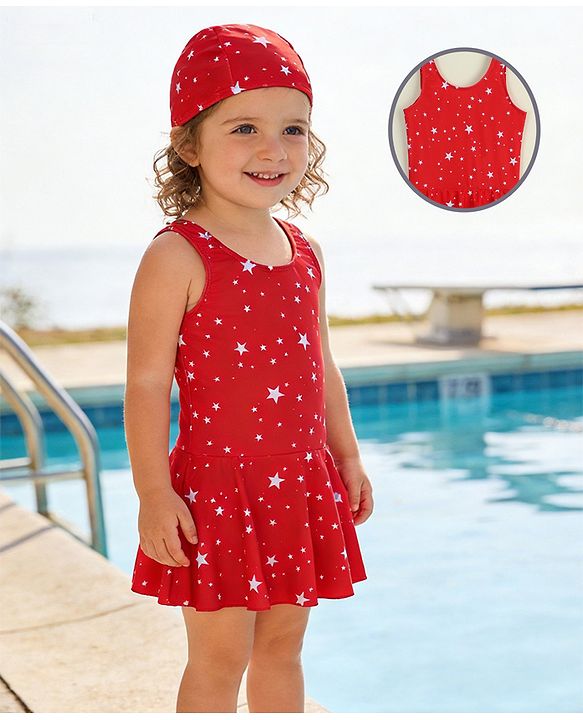 Babyhug Sleeveless Frock Swimsuit with Cap & Star Print - Red
