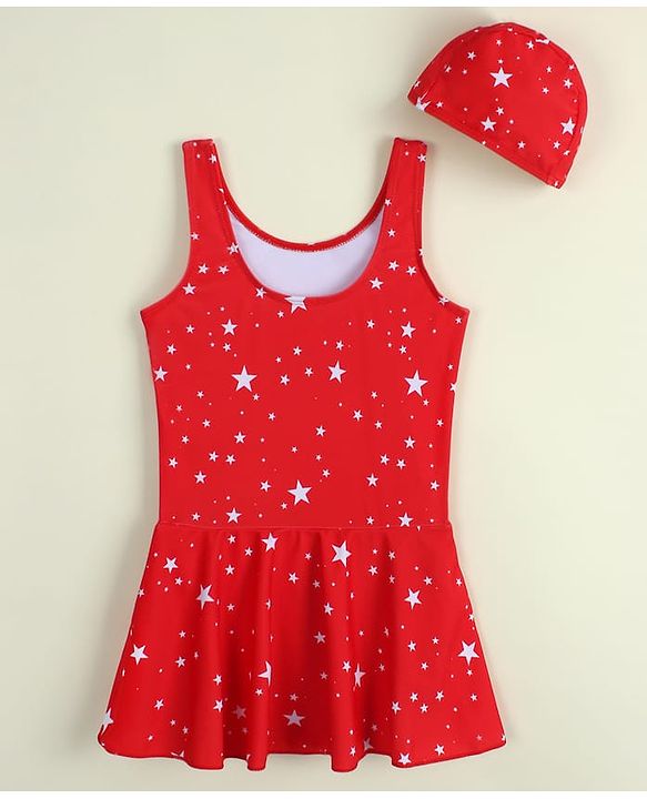 Babyhug Sleeveless Frock Swimsuit with Cap & Star Print - Red
