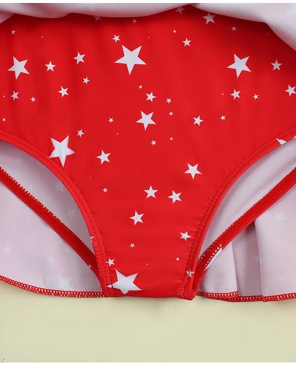 Babyhug Sleeveless Frock Swimsuit with Cap & Star Print - Red
