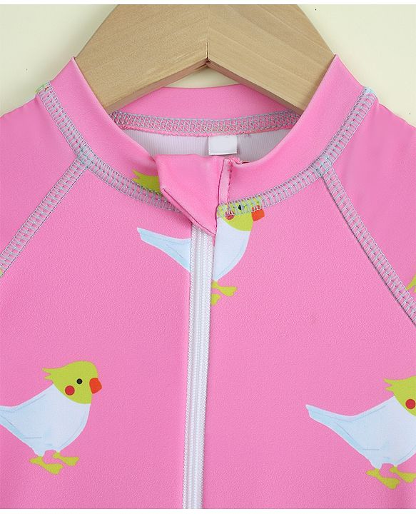 Babyhug Full Raglan Sleeves Legged Swimsuit with Parrot Print - Pink