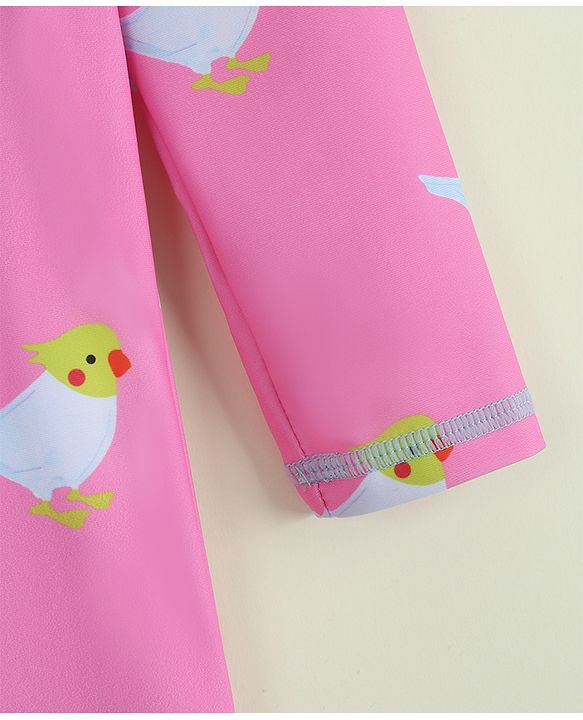 Babyhug Full Raglan Sleeves Legged Swimsuit with Parrot Print - Pink