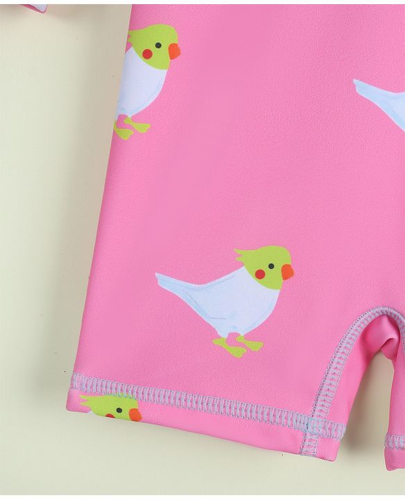 Babyhug Full Raglan Sleeves Legged Swimsuit with Parrot Print - Pink