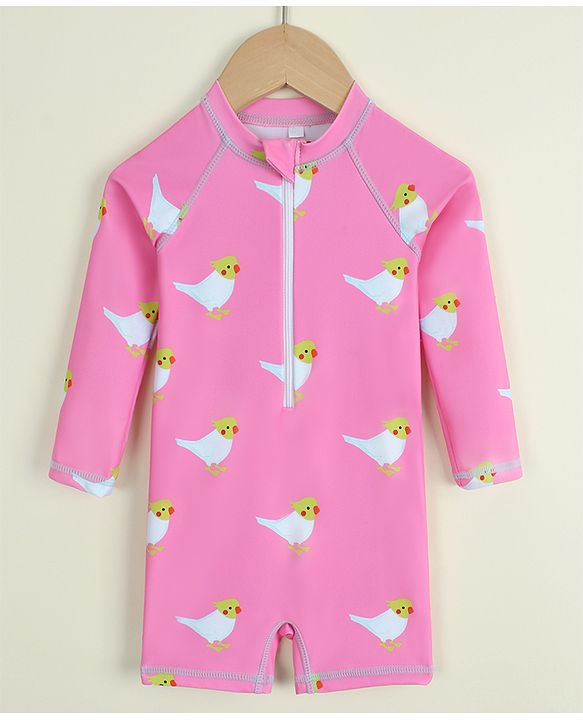 Babyhug Full Raglan Sleeves Legged Swimsuit with Parrot Print - Pink