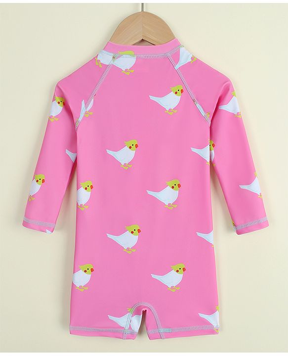 Babyhug Full Raglan Sleeves Legged Swimsuit with Parrot Print - Pink