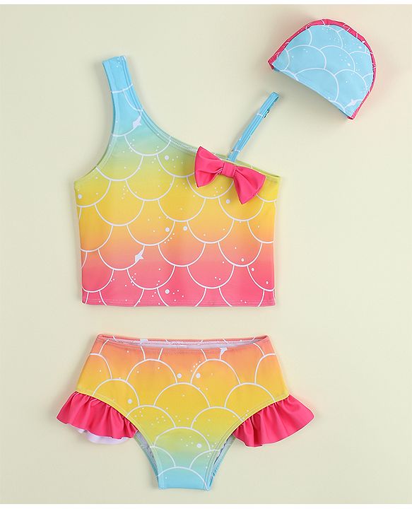 Babyhug Sleeveless Shells Printed Two Piece Swimsuit With Cap - Multicolour