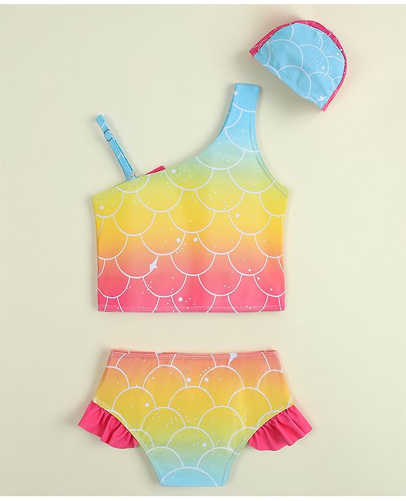 Babyhug Sleeveless Shells Printed Two Piece Swimsuit With Cap - Multicolour