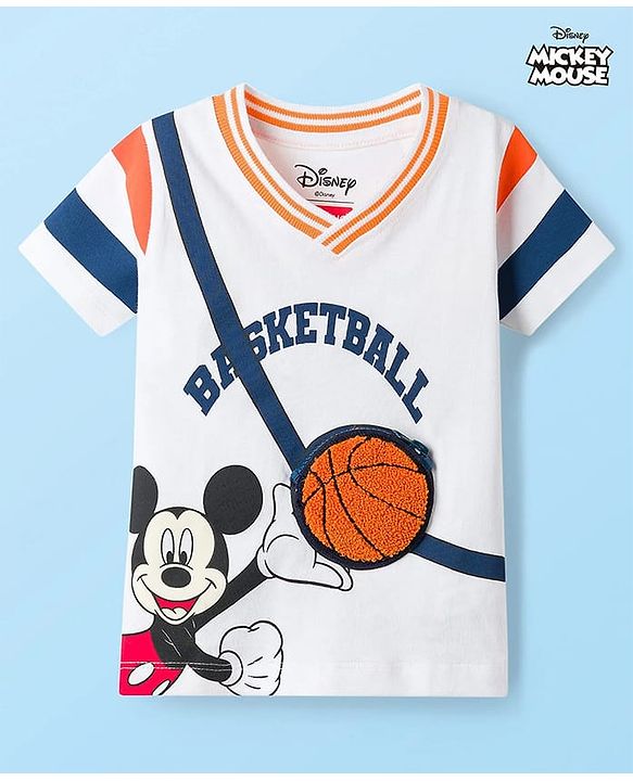 Babyhug Disney 100% Cotton Knit Half Sleeves T-Shirt With Mickey Mouse Graphic With Applique Bag - White