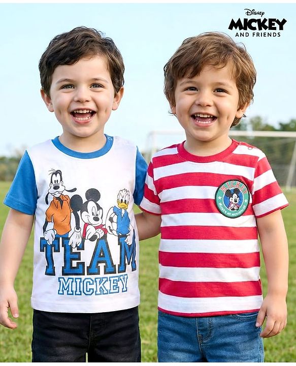 Babyhug Disney Single Jersey Half Sleeves Drop Sholuder T-Shirt with Mickey Mouse & Friends Graphic & Patch Pack of 2 - Multicolour