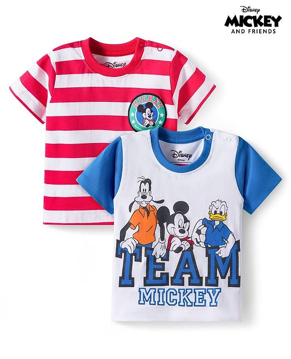 Babyhug Disney Single Jersey Half Sleeves Drop Sholuder T-Shirt with Mickey Mouse & Friends Graphic & Patch Pack of 2 - Multicolour