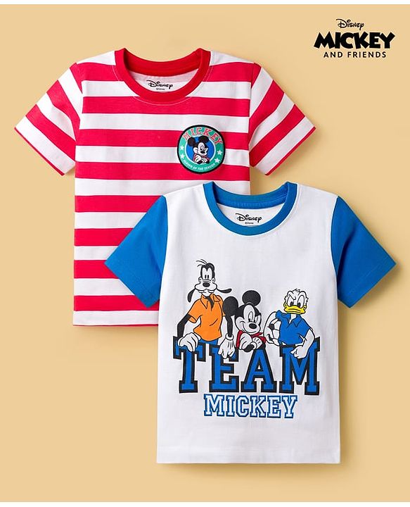 Babyhug Disney Single Jersey Half Sleeves Drop Sholuder T-Shirt with Mickey Mouse & Friends Graphic & Patch Pack of 2 - Multicolour