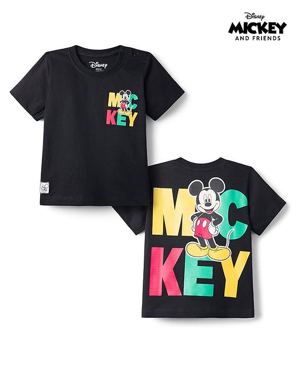 Babyhug Disney Single Jersey Knit Half Sleeves T-Shirt With Mickey Mouse Front & Back  Print - Black