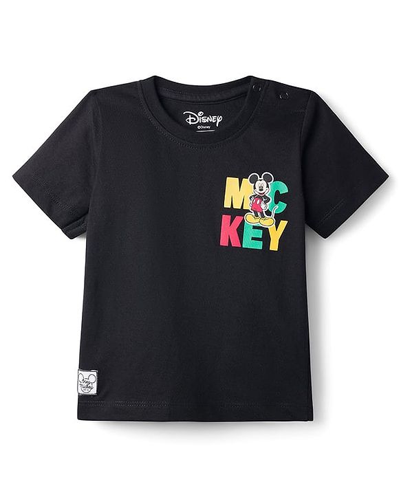 Babyhug Disney Single Jersey Knit Half Sleeves T-Shirt With Mickey Mouse Front & Back  Print - Black