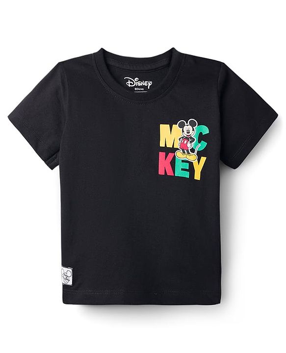 Babyhug Disney Single Jersey Knit Half Sleeves T-Shirt With Mickey Mouse Front & Back  Print - Black