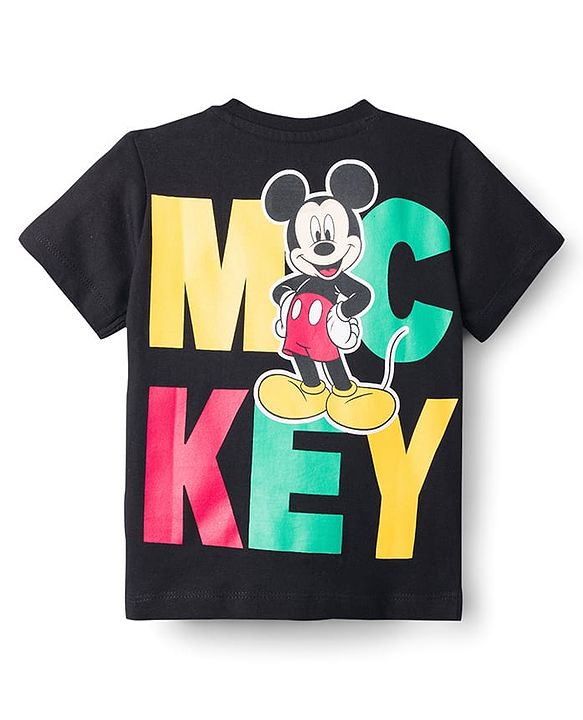 Babyhug Disney Single Jersey Knit Half Sleeves T-Shirt With Mickey Mouse Front & Back  Print - Black