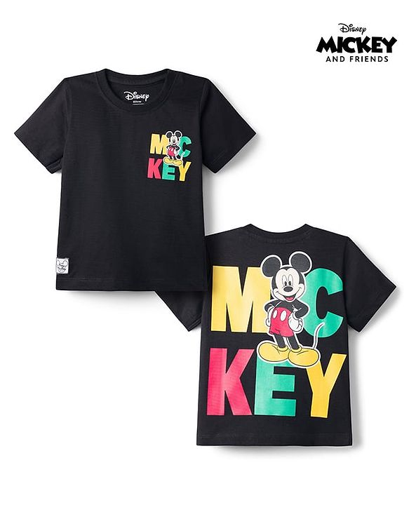Babyhug Disney Single Jersey Knit Half Sleeves T-Shirt With Mickey Mouse Front & Back  Print - Black