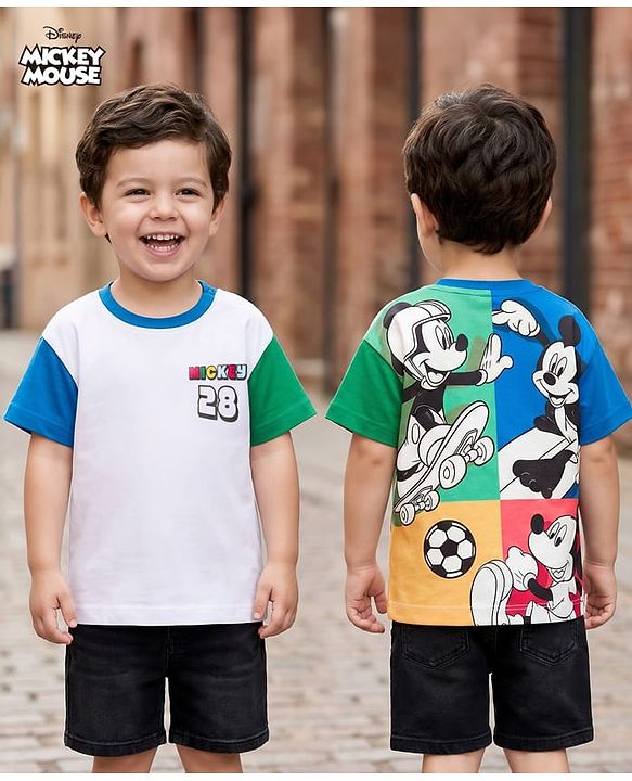 Babyhug Disney 100% Cotton Knit Half Sleeves T-Shirt With Mickey Mouse Graphic Front & Back Print - Multicolour