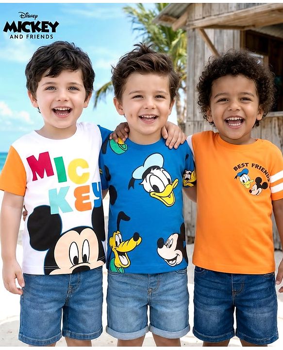 Babyhug Disney Single Jersey Knit Half Sleeves T-Shirts with Mickey Mouse Graphic Pack of 3 - Orange Blue & White