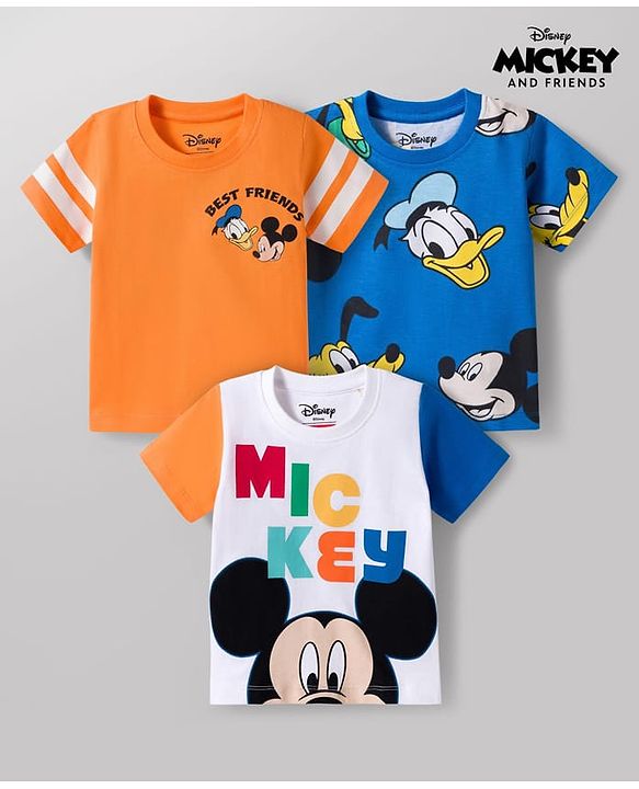 Babyhug Disney Single Jersey Knit Half Sleeves T-Shirts with Mickey Mouse Graphic Pack of 3 - Orange Blue & White