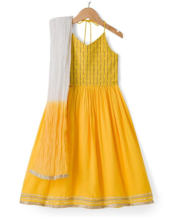 Pine Kids Cotton Woven Sleeveless Halter Neck Embroidered Kurti & Sharara Set With Dupatta & Lace Detailing - Yellow