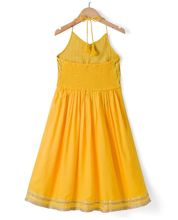 Pine Kids Cotton Woven Sleeveless Halter Neck Embroidered Kurti & Sharara Set With Dupatta & Lace Detailing - Yellow