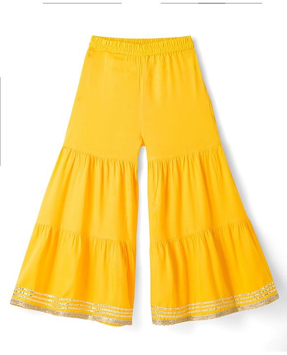 Pine Kids Cotton Woven Sleeveless Halter Neck Embroidered Kurti & Sharara Set With Dupatta & Lace Detailing - Yellow