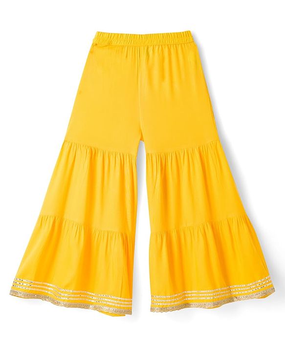Pine Kids Cotton Woven Sleeveless Halter Neck Embroidered Kurti & Sharara Set With Dupatta & Lace Detailing - Yellow