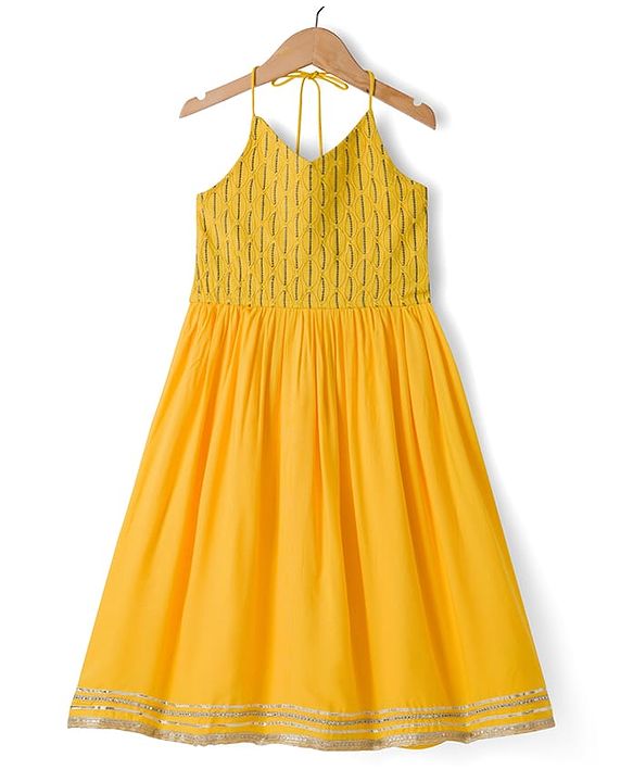 Pine Kids Cotton Woven Sleeveless Halter Neck Embroidered Kurti & Sharara Set With Dupatta & Lace Detailing - Yellow
