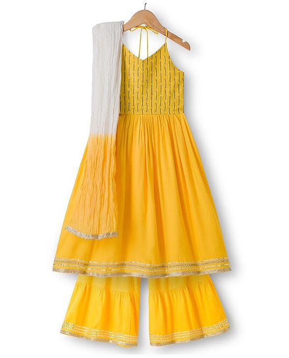 Pine Kids Cotton Woven Sleeveless Halter Neck Embroidered Kurti & Sharara Set With Dupatta & Lace Detailing - Yellow