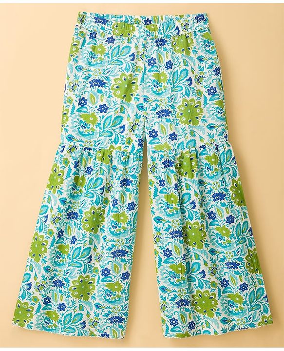 Pine Kids Cotton Woven Sleeveless Floral Printed Kurta & Palazzo Set With Dupatta - Light Blue