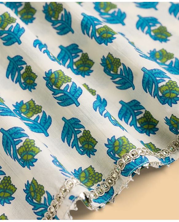 Pine Kids Cotton Woven Sleeveless Floral Printed Kurta & Palazzo Set With Dupatta - Light Blue