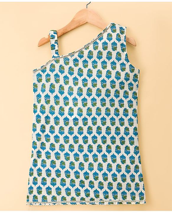 Pine Kids Cotton Woven Sleeveless Floral Printed Kurta & Palazzo Set With Dupatta - Light Blue