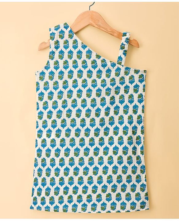 Pine Kids Cotton Woven Sleeveless Floral Printed Kurta & Palazzo Set With Dupatta - Light Blue