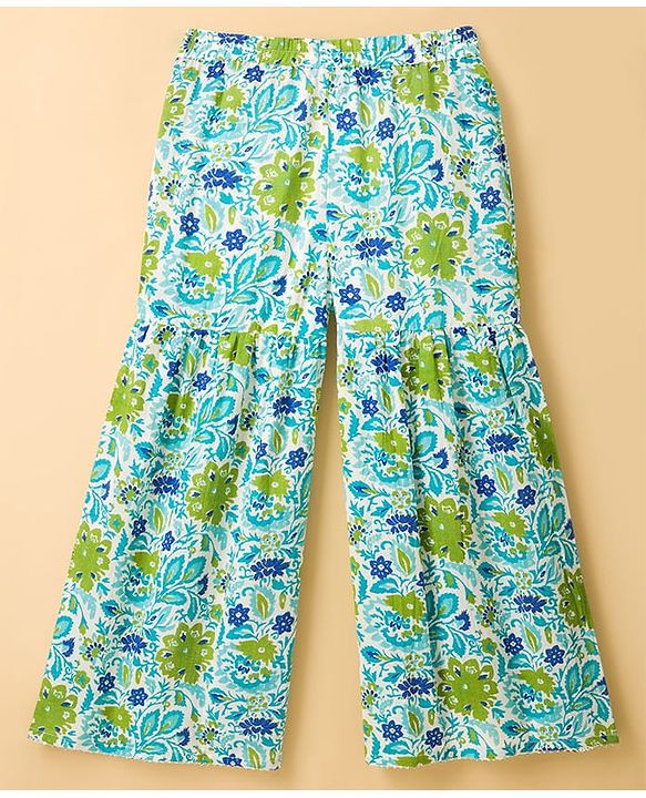 Pine Kids Cotton Woven Sleeveless Floral Printed Kurta & Palazzo Set With Dupatta - Light Blue