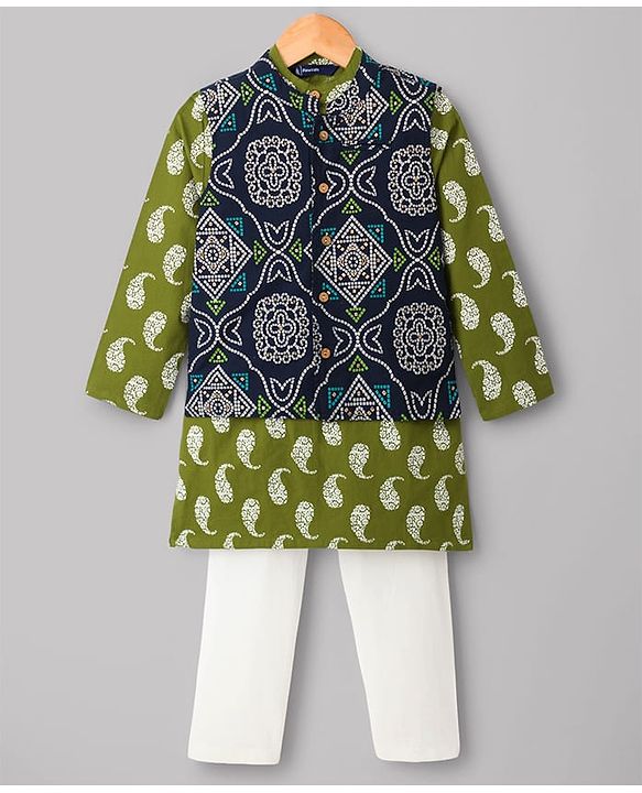 Pine Kids Cotton Woven Full Sleeves Printed Kurta Pyjama Set With Nehru Jacket - Green