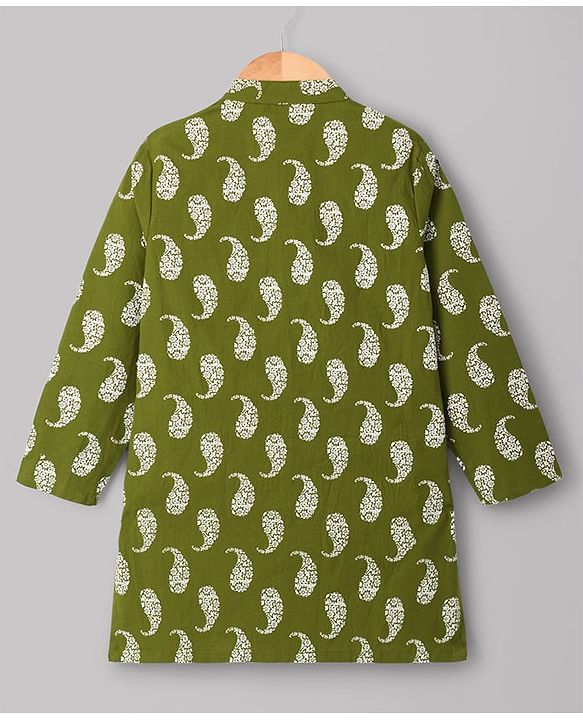 Pine Kids Cotton Woven Full Sleeves Printed Kurta Pyjama Set With Nehru Jacket - Green