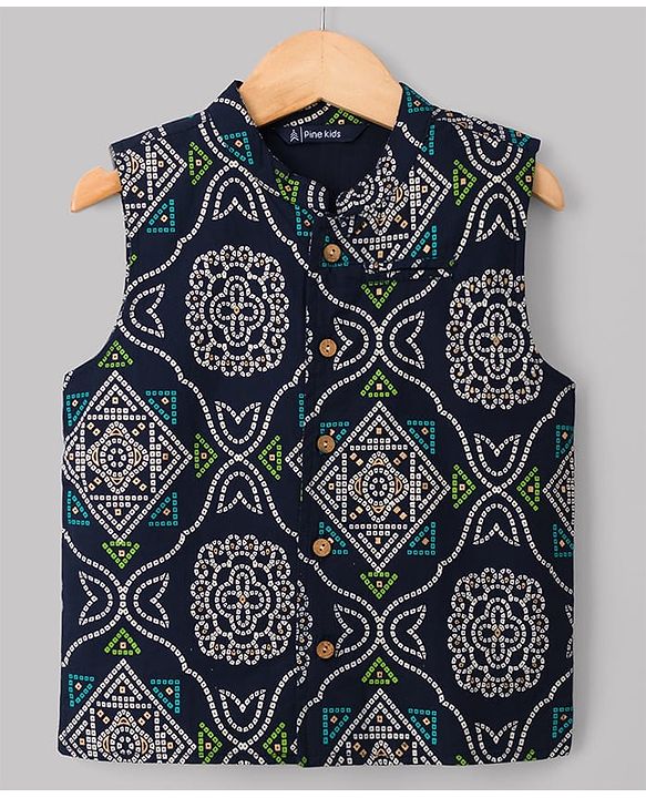 Pine Kids Cotton Woven Full Sleeves Printed Kurta Pyjama Set With Nehru Jacket - Green