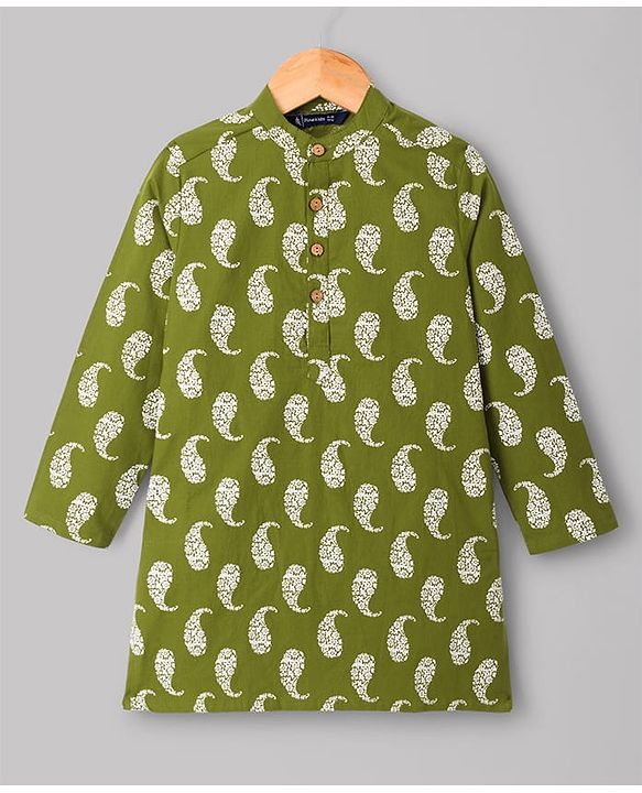 Pine Kids Cotton Woven Full Sleeves Printed Kurta Pyjama Set With Nehru Jacket - Green