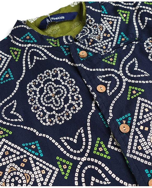 Pine Kids Cotton Woven Full Sleeves Printed Kurta Pyjama Set With Nehru Jacket - Green