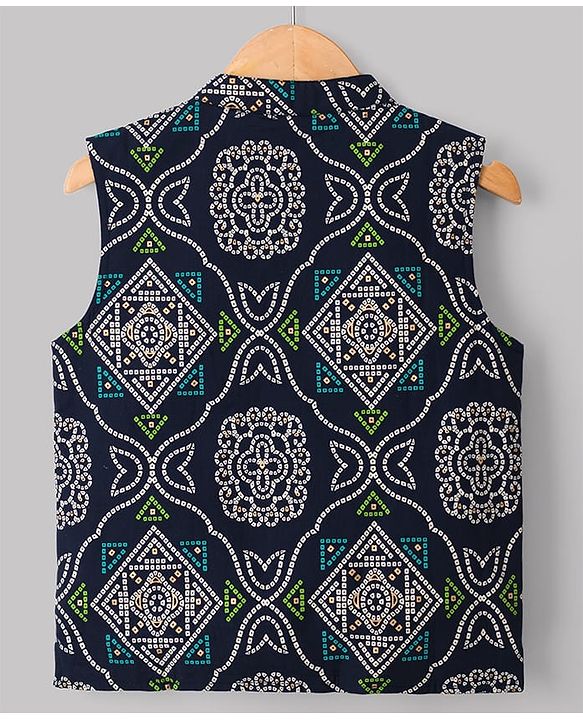 Pine Kids Cotton Woven Full Sleeves Printed Kurta Pyjama Set With Nehru Jacket - Green