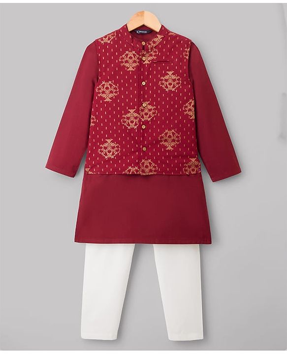 Pine Kids 100% Cotton Woven Full Sleeves Solid Kurta Pyjama Set With Floral Printed Jacket - Maroon