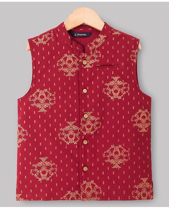 Pine Kids 100% Cotton Woven Full Sleeves Solid Kurta Pyjama Set With Floral Printed Jacket - Maroon