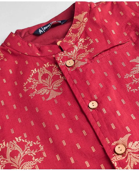 Pine Kids 100% Cotton Woven Full Sleeves Solid Kurta Pyjama Set With Floral Printed Jacket - Maroon