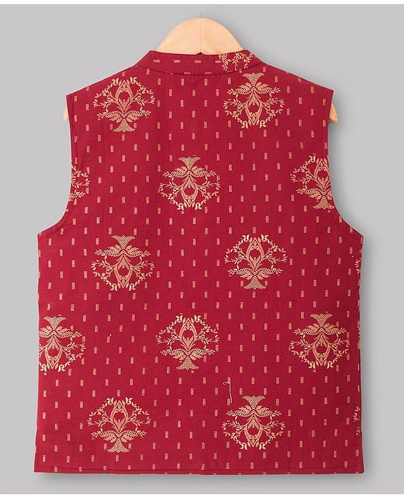 Pine Kids 100% Cotton Woven Full Sleeves Solid Kurta Pyjama Set With Floral Printed Jacket - Maroon