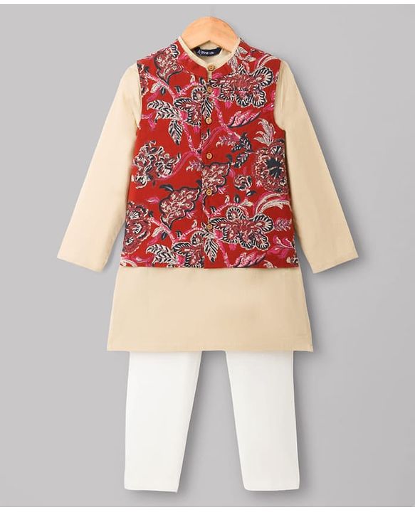 Pine Kids Cotton Woven Full Sleeves Kurta Pyjama Set With Floral Printed Nehru Jacket - Maroon