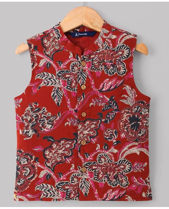 Pine Kids Cotton Woven Full Sleeves Kurta Pyjama Set With Floral Printed Nehru Jacket - Maroon