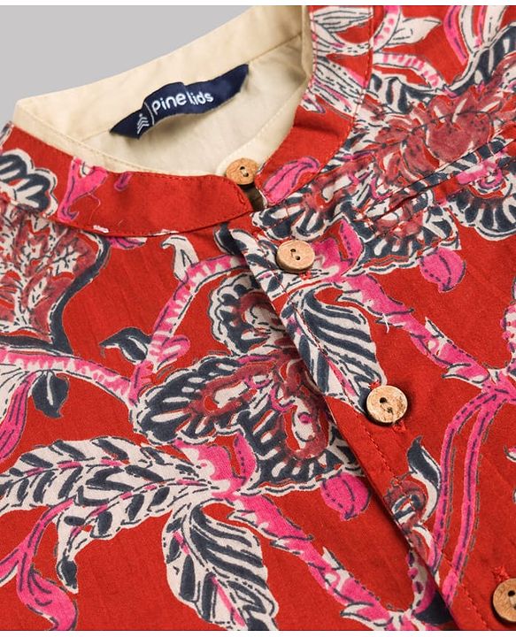 Pine Kids Cotton Woven Full Sleeves Kurta Pyjama Set With Floral Printed Nehru Jacket - Maroon