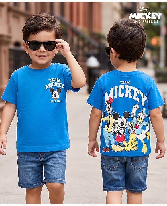Babyhug Disney 100% Cotton Knit Half Sleeves T-shirt With Mickey & Friends Front & Back Print - Multicolour