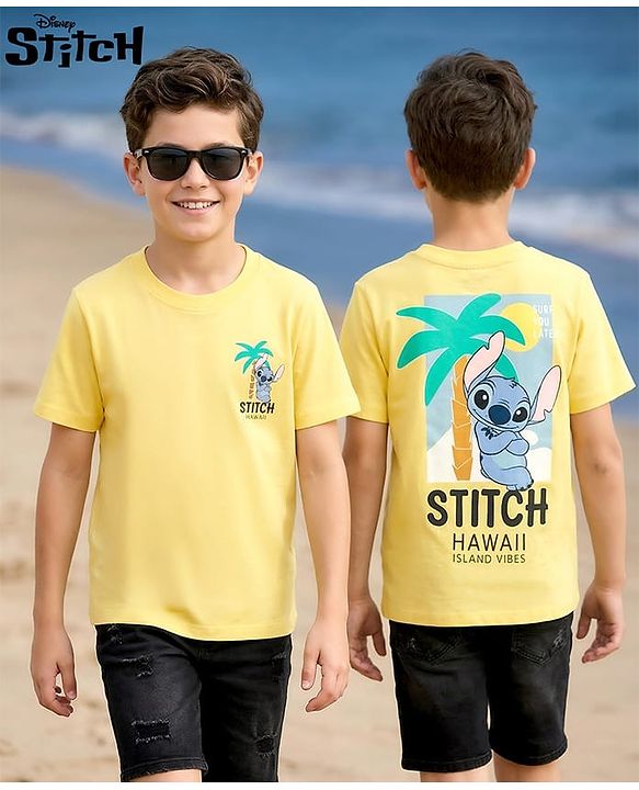 Pine Kids Disney Single Jersey Knit Half Sleeves T-Shirt With Front & Back Lilo & Stitch Print - Yellow