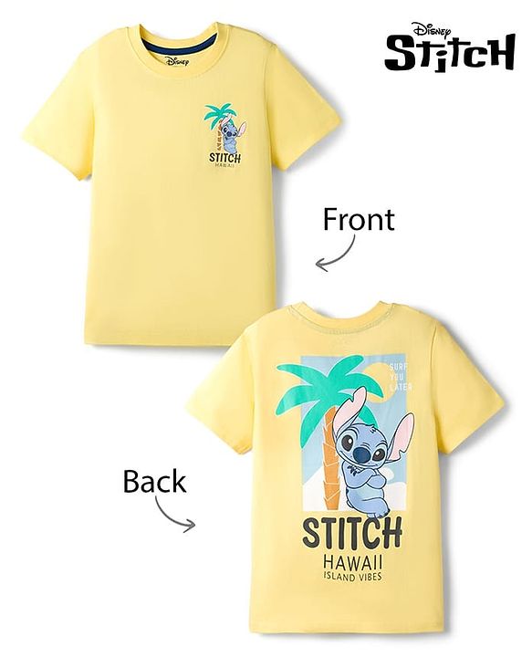 Pine Kids Disney Single Jersey Knit Half Sleeves T-Shirt With Front & Back Lilo & Stitch Print - Yellow